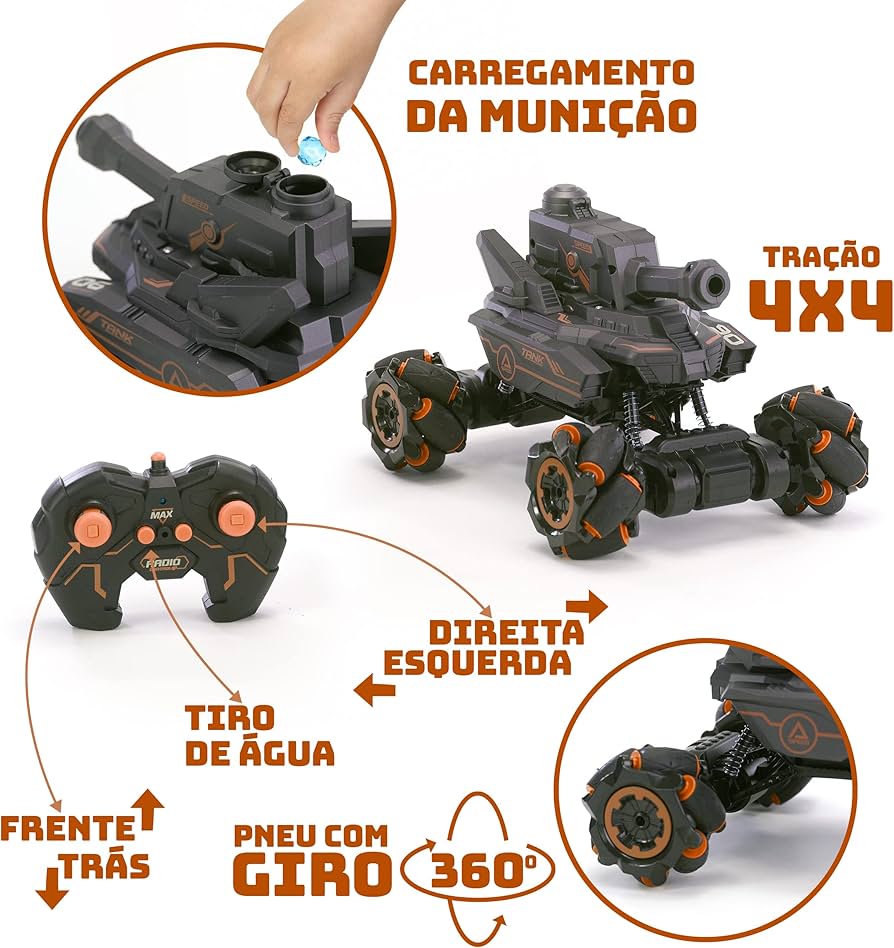 Carrinho com controle remoto "Tanque de guerra laranja com lançador de bolinhas de gel"